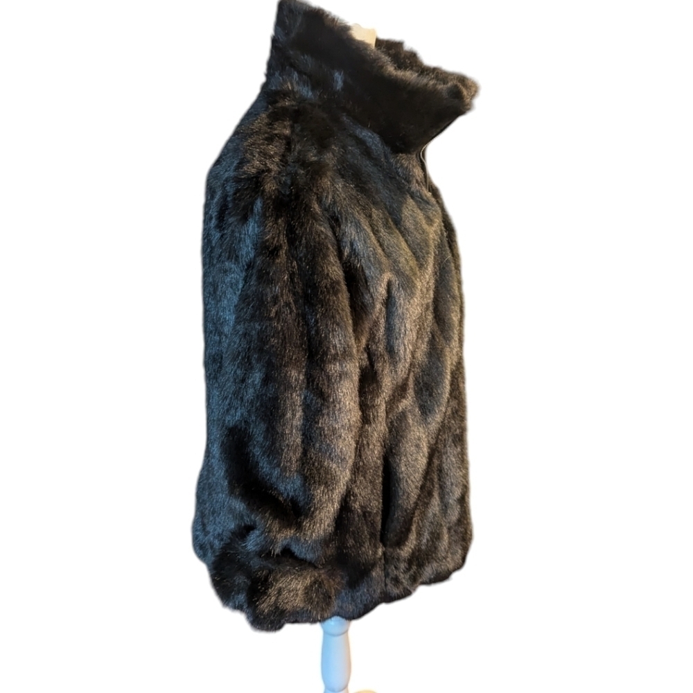 Vtg Faux Mink Fur Jacket Atelier reversible plush black Old Money warm zip  sz S - Picture 2 of 11